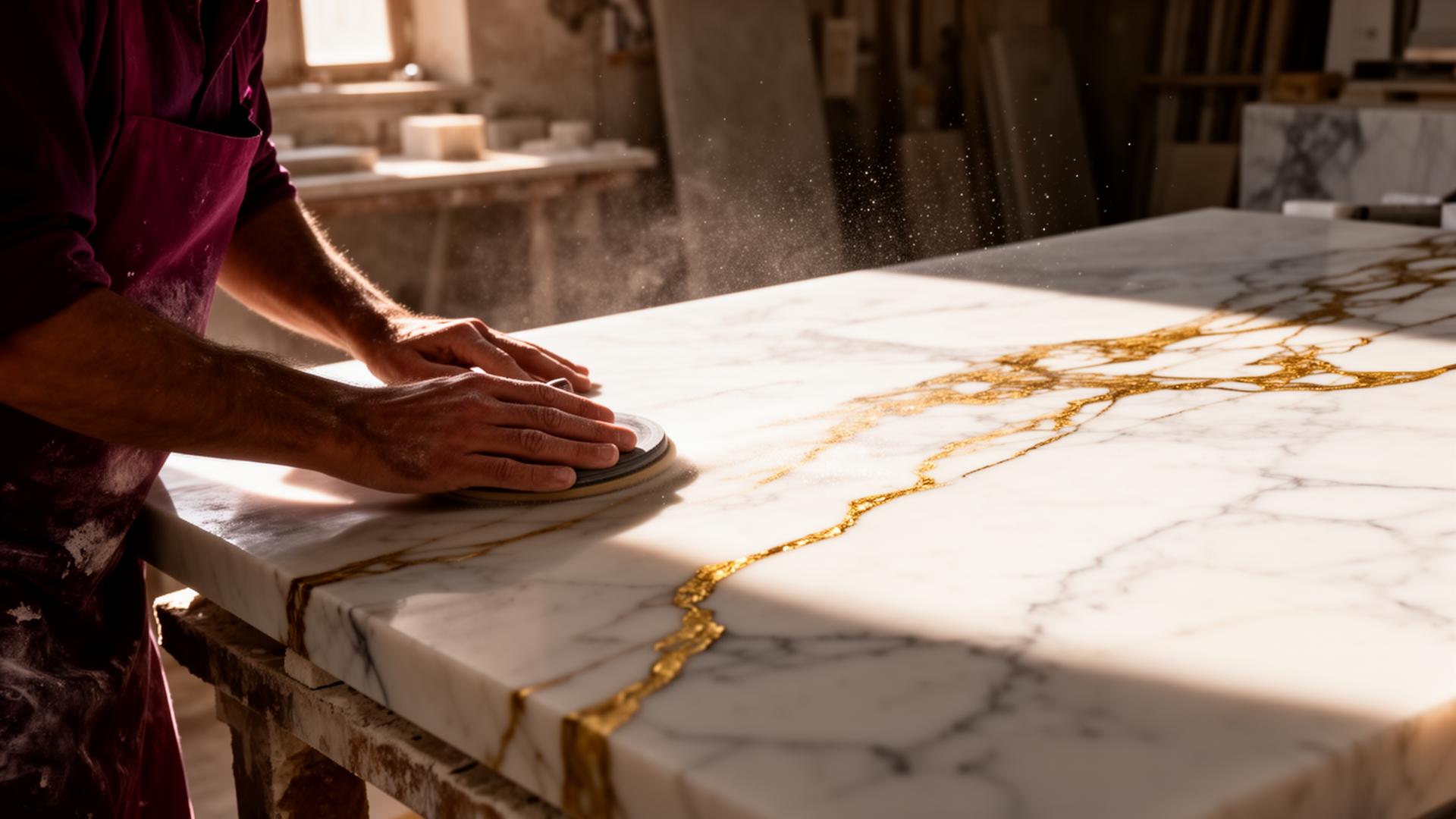 Maestro marmista al lavoro su una lastra di marmo Calacatta